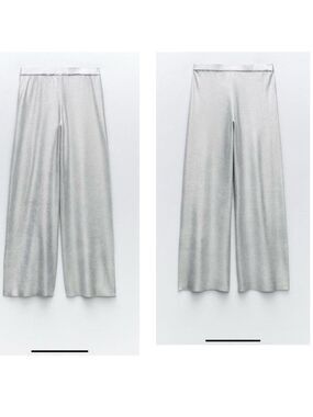 ZARA KNIT METALLIC FOIL SILVER WIDE LEG TROUSERS  PANTS BNWT Sz M Bloggers Fave